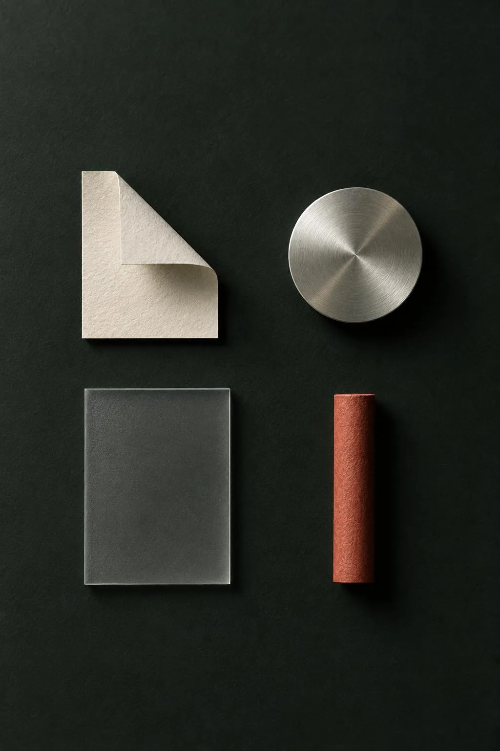 Materialstudie mit vier unterschiedlichen Zeichen aus Papier, Aluminium, Acetat und oxidrotem Papier auf dunklem Grund