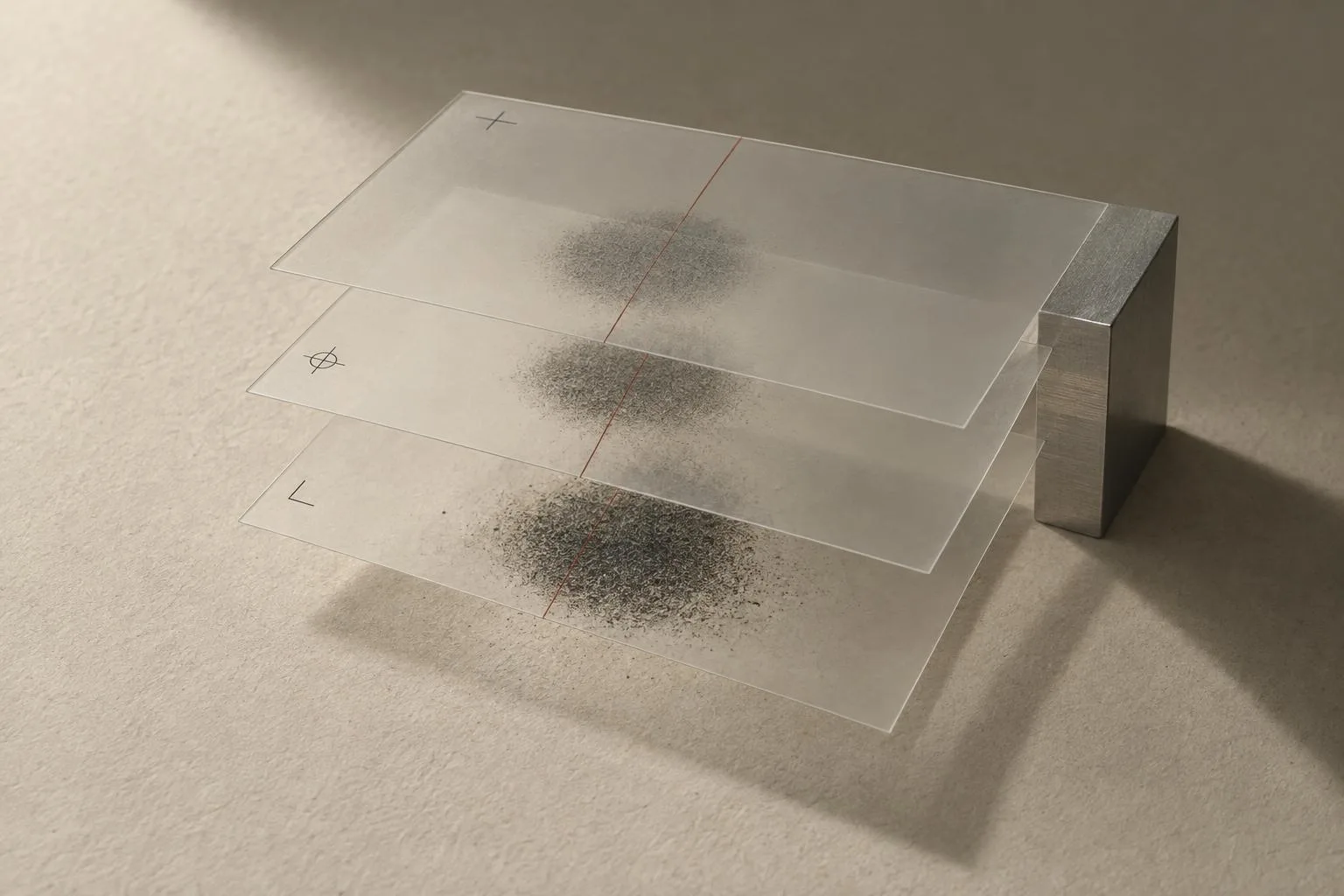 Materialstudie aus drei transparenten Archivfolien über einer feinen Spur auf warmem Papier, mit einer durchlaufenden oxidroten Haarlinie