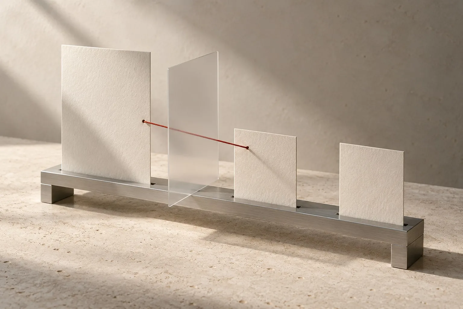 Materialstudie aus Papierformen, einer matten Acetatfläche und einer Oxidrot-Linie auf einer Aluminiumschiene