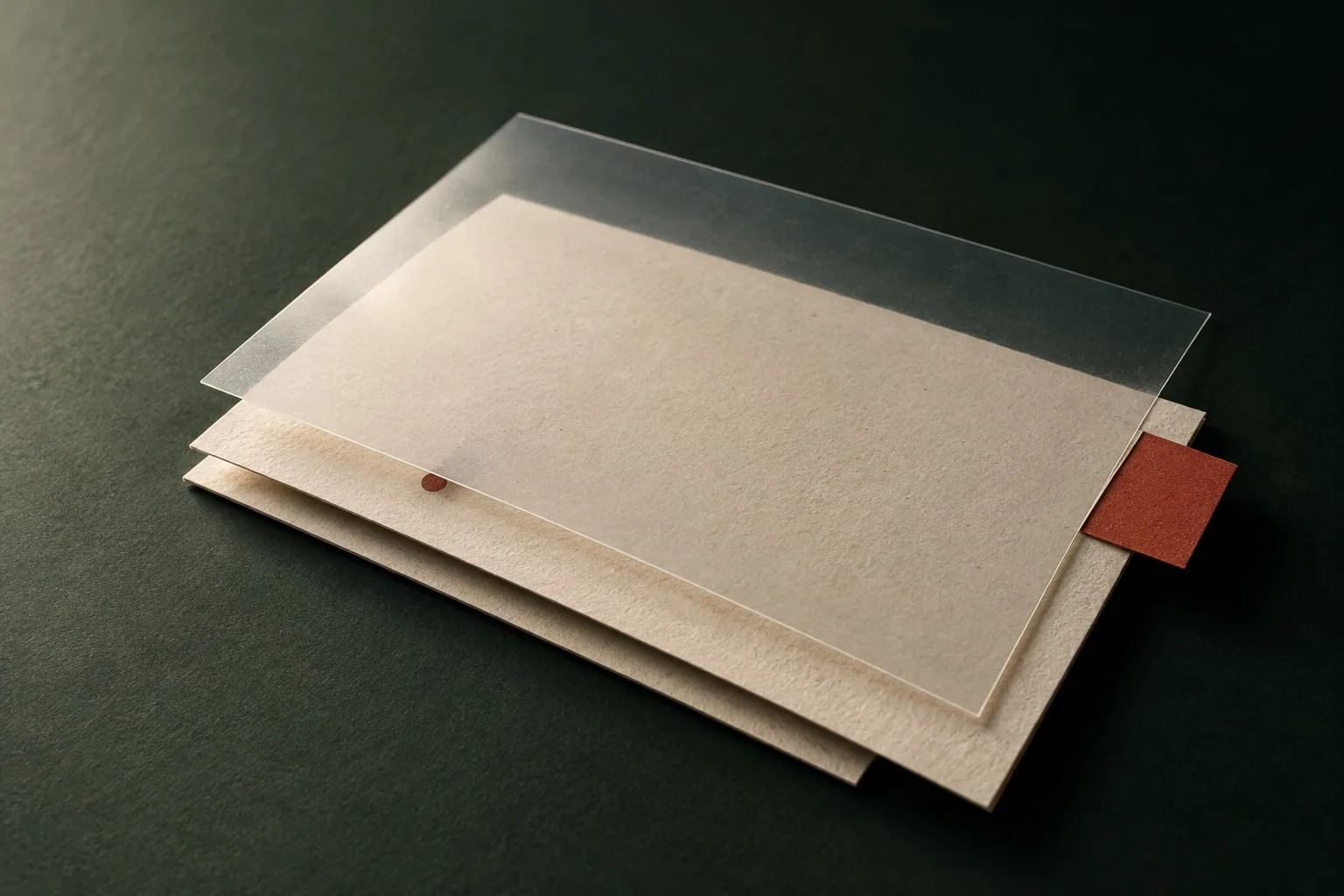 Mehrere präzise übereinanderliegende Papierkarten unter einer matten transparenten Folie. Ein roter Papierstreifen liegt sichtbar am Rand, eine kleine runde Markierung bleibt zwischen den Schichten teilweise verborgen.